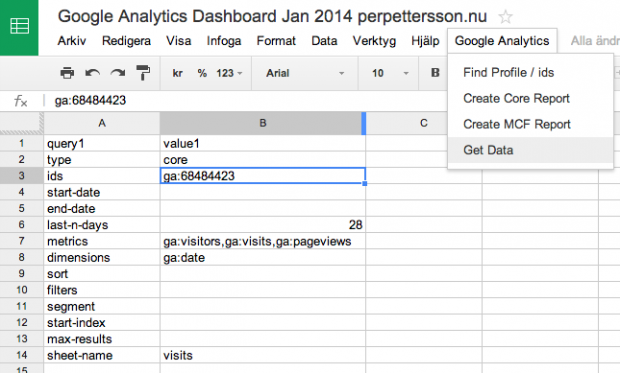 Hämta datan från Google Analytics in i kalkylarket