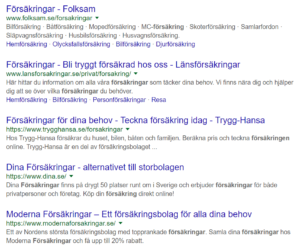 Urvalet av försäkringsbolag i google.se