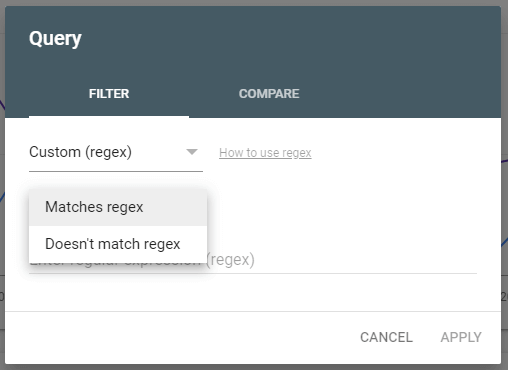 En RegEx-sträng som matchar eller inte matchar finns nu tillgänglig i Search Console.